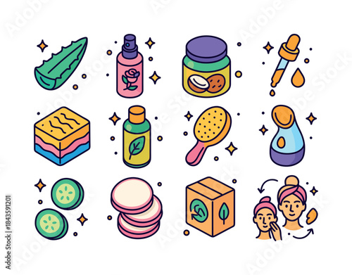Natural Skincare Icons. Natural skincare. Colorful isometric vec