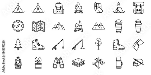 Camping and outdoor activity icons set collection
