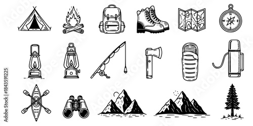 Camping and outdoor activity icons set collection
