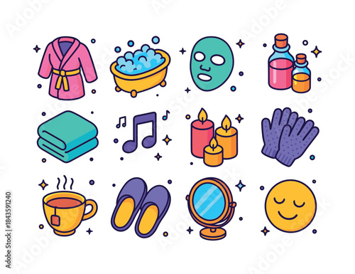 Home Spa Essentials. Home spa day. Colorful isometric vector ico