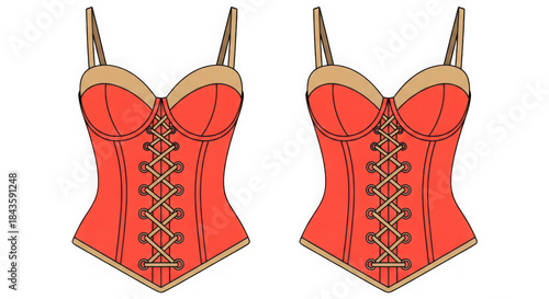 Red corset design with lacing detail isolated on white background