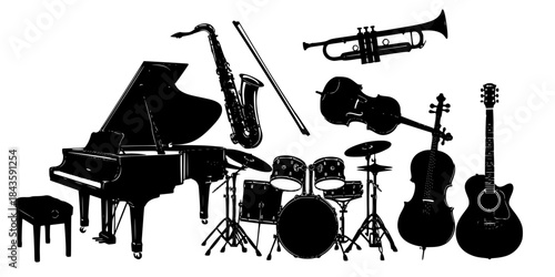 Black silhouette musical instruments on white background
