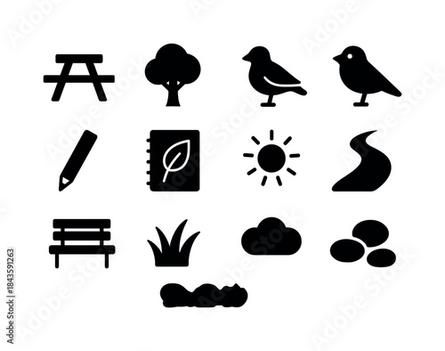 Park Icon Set. Park drawing day. Solid icon set of park drawing