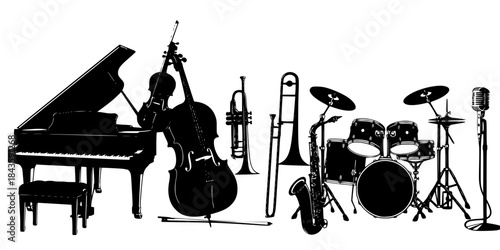 Black silhouette musical instruments on white background
