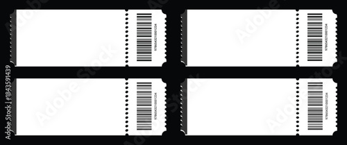 Four blank white raffle tickets with perforated edges and sample barcodes displayed against a black background
