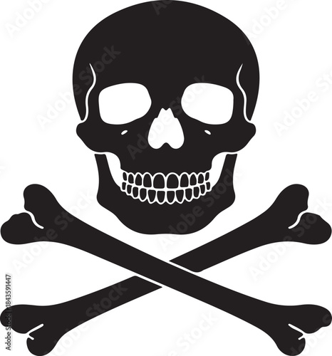 Solid Black Skull and Crossbones Silhouette Symbol on a Plain White Background