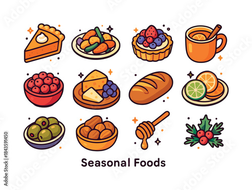 Seasonal Food Icons. Seasonal Foods. Colorful isometric vector i