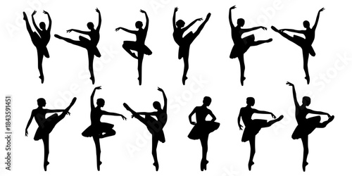 Black ballet dancer silhouettes in various poses white background