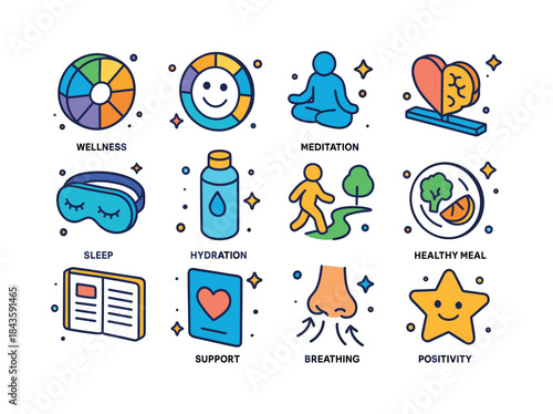 Mental Well-Being Icons. Mental well-being. Colorful isometric v