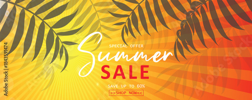 Vibrant tropical summer sale banner design featuring palm leaves and bright orange sunburst background promotion