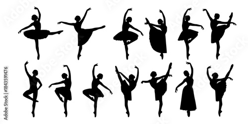 Black ballet dancer silhouettes in various poses white background