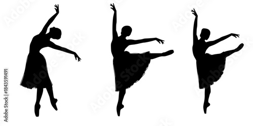 Black ballet dancer silhouettes in various poses white background