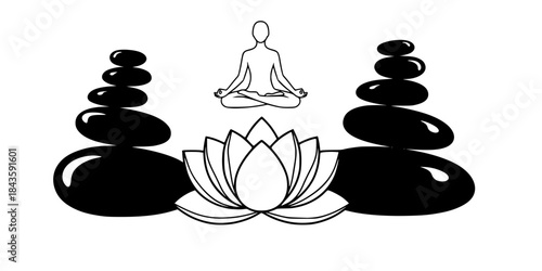 Yoga meditation lotus flower and zen stones icons vector