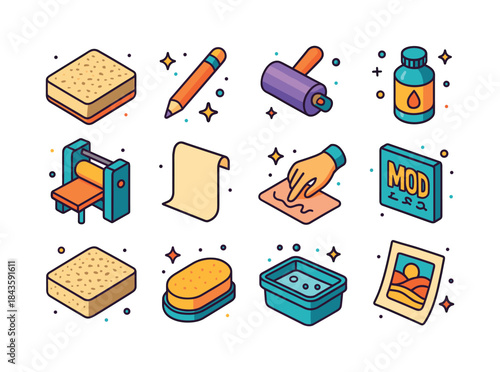 Colorful Lithography Icons. Lithography. Colorful isometric vect