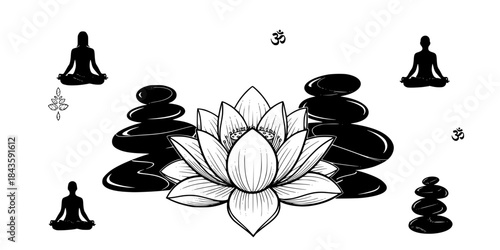 Yoga meditation lotus flower and zen stones icons vector