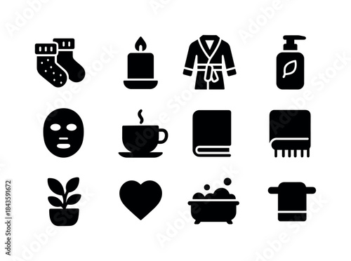 Self Care Essentials. Self Care. Solid icon set of Self Care: fu