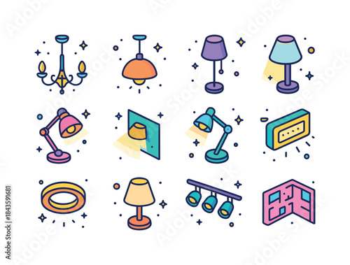 Colorful Lighting Icons. Interior Lighting Design. Colorful isom