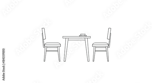 Minimalist dining scene featuring two chairs facing a small table with a book resting on its surface in a clean line drawing.