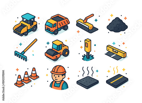 Asphalt Paving Icons. Asphalt paving. Colorful isometric vector