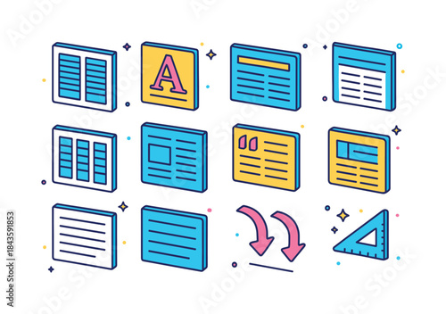 Newspaper Icon Set. Newspaper typography. Colorful isometric vec