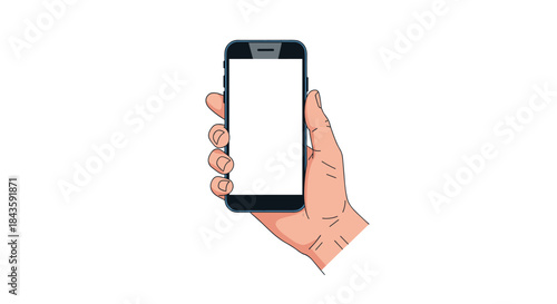 Close up view of a hand holding a modern smartphone with a blank screen ready for interaction in a clean minimal graphic illustration.