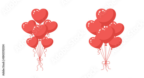 Two clusters of red heart shaped balloons tied with curling ribbons float on a clean white background for a festive romantic celebration scene.