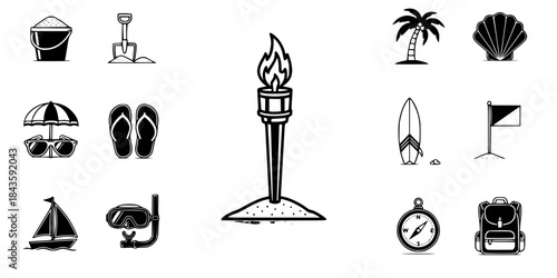 Tropical beach vacation and adventure icons 