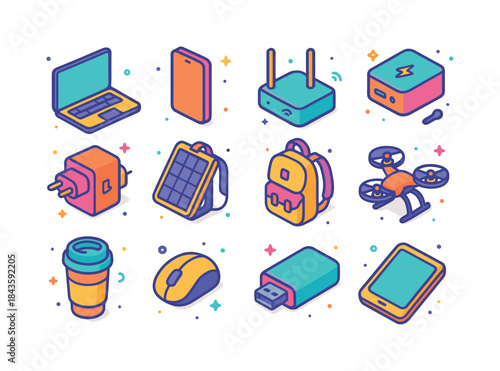 Colorful Nomad Icon Set. Nomad Tools. Colorful isometric vector