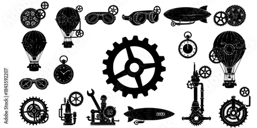 Steampunk icons silhouette collection 