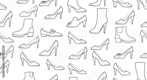 Pattern of high heels boots and flats arranged in a random repeating layout suitable for fashion textile design mood boards and illustration projects.