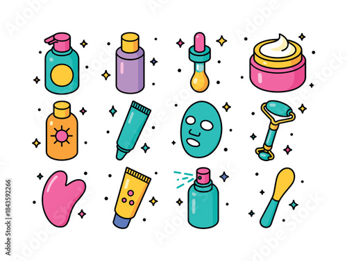 Colorful Skincare Icons. Skincare routine. Colorful isometric ve