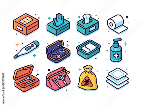 Vibrant Medical Icons. Medical Supplies. Colorful isometric vect