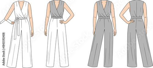 Cad drawing flat vector, sleeveless jumpsuit template, fashion sketch, wrap bodice, belt tie, wide-leg pants, front back views