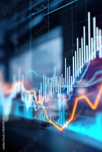 Abstract financial graphs with glowing blue and orange lines showing market trends