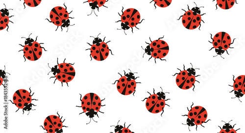Many bright red ladybugs scatter across a clean white background creating a cheerful natural insect pattern suitable for nature design and vibrant visuals.