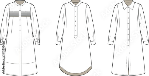 Cad drawing flat vector, shirt dress template, fashion sketch, mandarin collar, pleated detail, curved hem, button placket, cuff