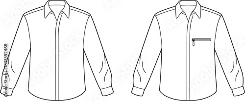 Cad drawing flat vector, long-sleeve shirt template, fashion sketch, zip pocket, button cuff, collar, placket, technical design