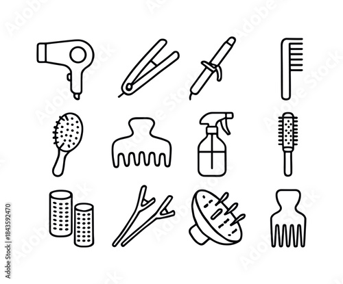 Hair Styling Tools Icons. Hair styling tools. Line icon set of h