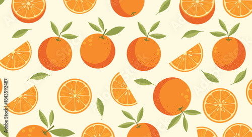 Bright oranges with leaves and sunny slices create a cheerful seamless pattern perfect for vibrant citrus themed backgrounds.