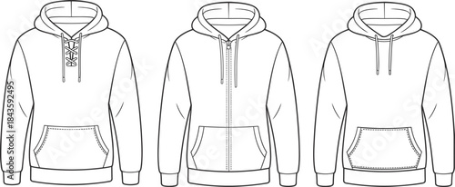 Cad drawing flat vector, hoodie template, fashion sketch, kangaroo pocket, lace-up, zipper, pullover, raglan sleeve, drawstring hood