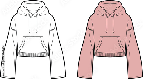 Cad drawing flat vector, cropped hoodie template, fashion sketch, kangaroo pocket, drawstring hood, dropped shoulder, pink, technical design