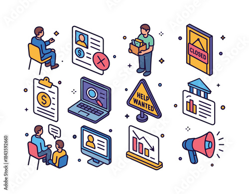 Colorful Unemployment Icon Set. Unemployment rates. Colorful iso