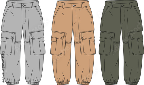 Cad drawing flat vector, cargo pants template, fashion sketch, multi-pocket design, elastic cuffs, belt loops, button closure, gray, tan, green