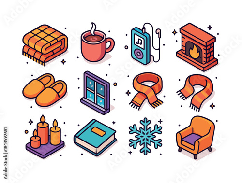Winter Cozy Icons. Winter relaxation. Colorful isometric vector