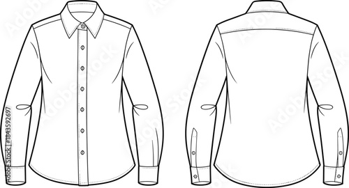 Cad drawing flat vector, button-up shirt template, fashion sketch, collar, cuff, placket, yoke, curved hem, front back view