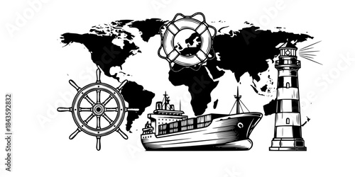 Nautical Icons Lifebuoy Lighthouse Ship Wheel World Map Cargo Ship