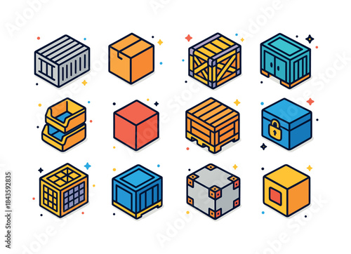 Colorful Container Icons. industrial containers. Colorful isomet