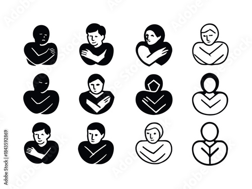Self-Love Icon Grid. A person hugging themselves, practicing sel