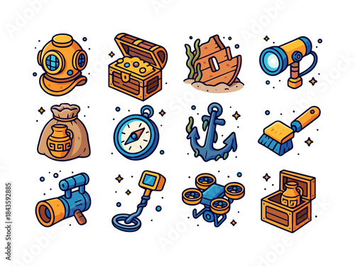 Shipwreck Discovery Icons. Shipwreck Exploration. Colorful isome