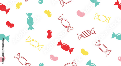 Bright colorful candies and wrappers scattered across a clean white background create a playful sweet pattern that feels lively cheerful and fun.
